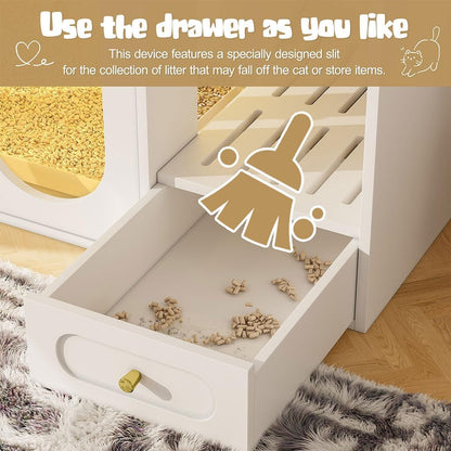 Hidden Cat Litter Box Enclosure Furniture with LED Light, Modern Litter Box Cabinet with Drawers & Acrylic Door, Multi-Entry Cat House Sideboard for Living Room, 37.4"W X 15.6"D X 31.5"H,White4