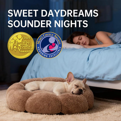 Ohgeni 31 Inches Calming Donut Orthopedic Dog & Cat Bed for Medium Pets, Warming Comfort Fluffy Short Pile Fur, Durable Waterproof Machine Washable Removable Cover, Cute round Bed for Puppy, Camel5