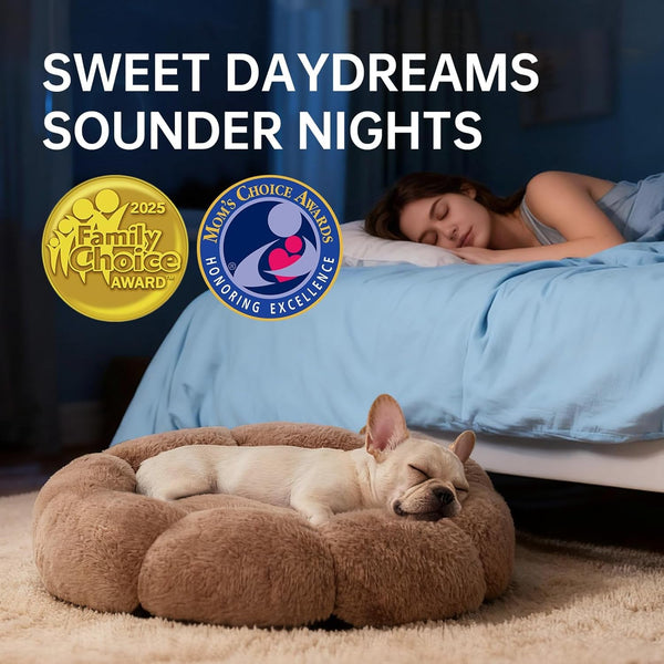 Ohgeni 31 Inches Calming Donut Orthopedic Dog & Cat Bed for Medium Pets, Warming Comfort Fluffy Short Pile Fur, Durable Waterproof Machine Washable Removable Cover, Cute round Bed for Puppy, Camel5
