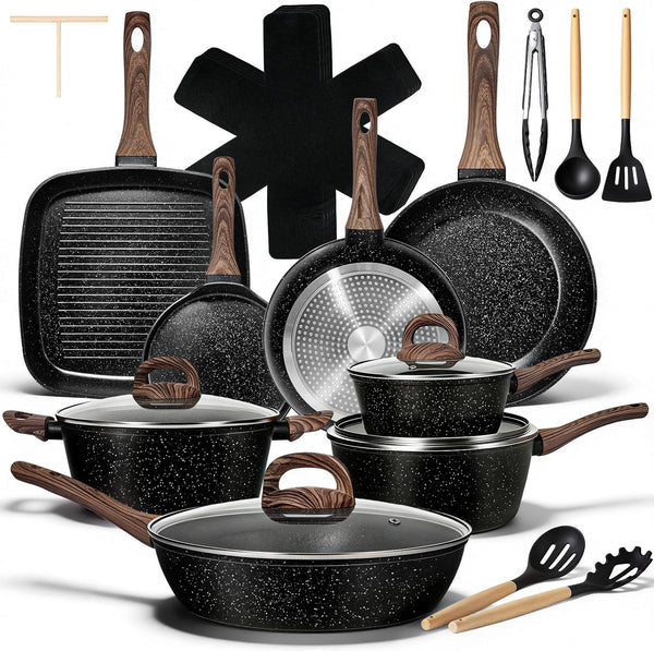 25 Pcs Pots and Pans Set, Nonstick Ceramic Cookware Sets, Healthy Non-Toxic, Large Capacity, Induction Compatible, Cooking Set with Frying Pans & Saucepans, PFAS/PTFE/PFOA Free, Classic Black1