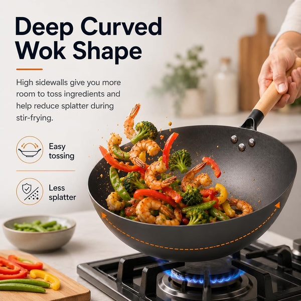 12.6" Carbon Steel Wok Pan, Flat Bottom Stir Fry Wok with Spiral Thread Interior, Coating‑Free Naturally Seasoning Wok, Compatible with Gas, Electric & Induction Cooktops6