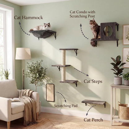 Cat Wall Shelves, Cat Wall Mounted Furniture, Climbing Wall Systems with Perches, Scratchers and Condo, Kitten Indoor Jungle Gym Set of 5 (Grey)2