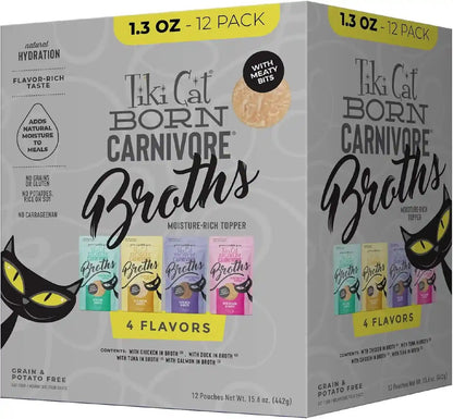 Tiki Cat Born Carnivore Broths Wet Cat Food Toppers, Variety Pack, 1.3 Oz. Pouch (12 Count)1