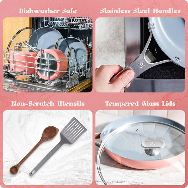 Premium Non-Toxic Ceramic Cookware Set – Triple-Layer Nonstick 12 Piece Pots and Pans with Lids, Pfas-Free, Oven Safe for Healthy Meals, Space-Saving Design, Coral Pink Color |7