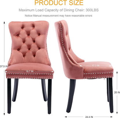 Pink Velvet Dining Chairs Set of 6, Tufted Back with Ring Pull | Nailhead Trim; Padded Seat and Back; Solid Wood Legs; Armless Design; Modern Style; Dining Room, Kitchen or Restaurant；3
