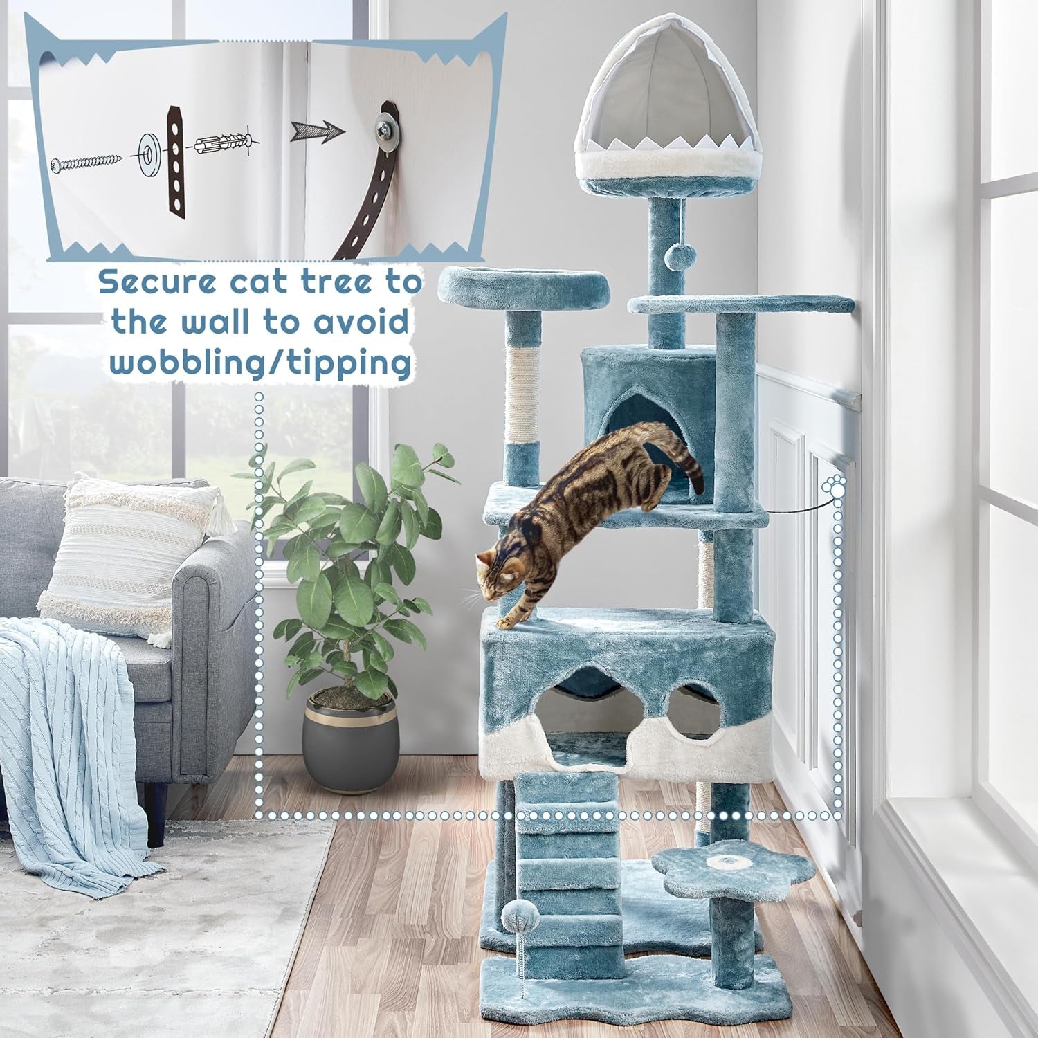 yaheetech-72-5in-shark-cat-tree-shark-mouth-bed-2-condos-blue-white-ocean-themed-design-multi-level-layout-2-wide-perches-interactive-toys-sturdy-anti-wobble-spacious-for-multi-indoor-cats