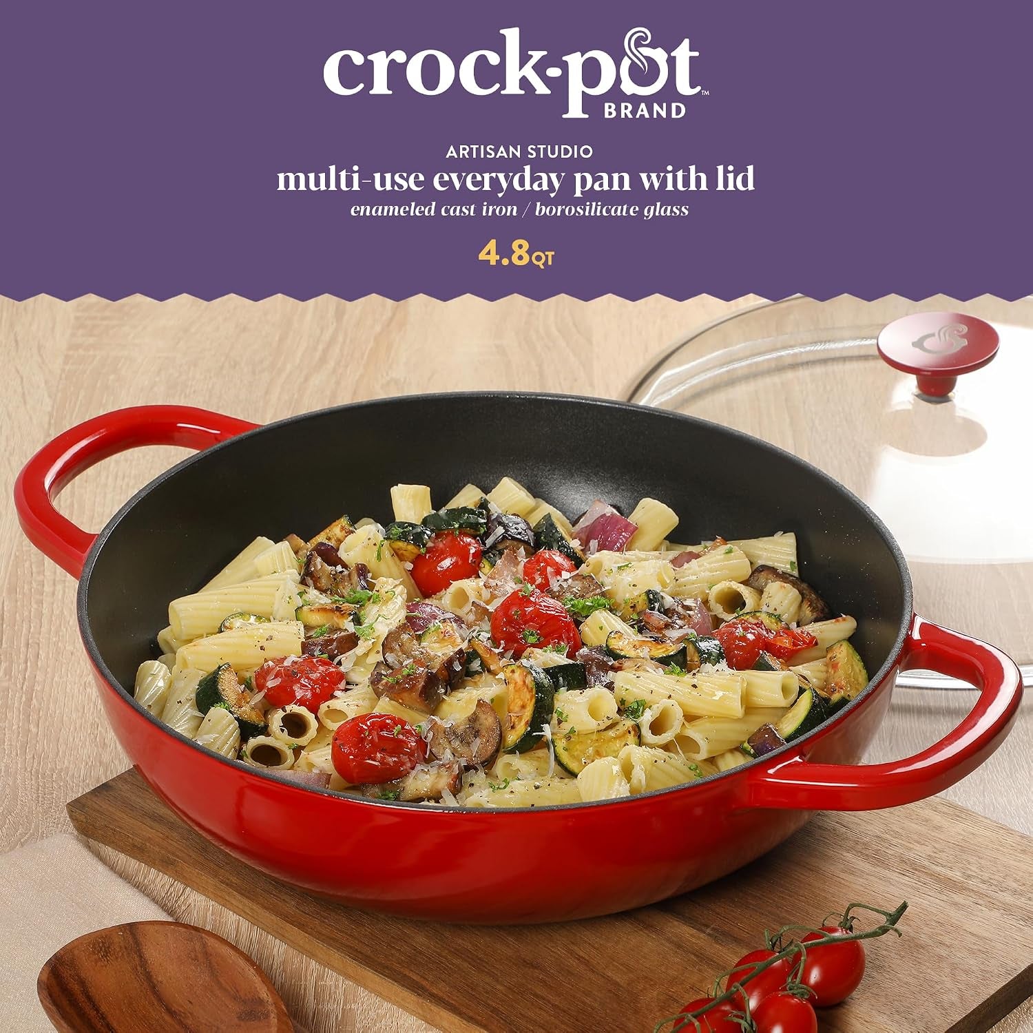 crock-pot-artisan-5-quart-enameled-cast-iron-braiser-pan-with-oven-safe-borosilicate-glass-lid-everyday-covered-skillet-for-searing-roasting-and-baking-red
