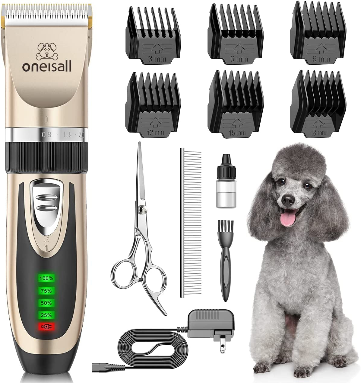 oneisall-dog-grooming-clippers-with-led-display-for-dogs-cats-low-noise-quiet-2-speed-cordless-rechargeable-fast-charge-detachable-waterproof-battery-level-display-model-x2-gold