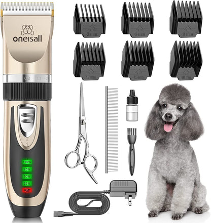 Oneisall Dog Grooming Clippers with LED Display for Dogs & Cats | Low Noise Quiet,2-Speed,Cordless Rechargeable,Fast Charge,Detachable,Waterproof,Battery Level Display, Model X2,Gold1