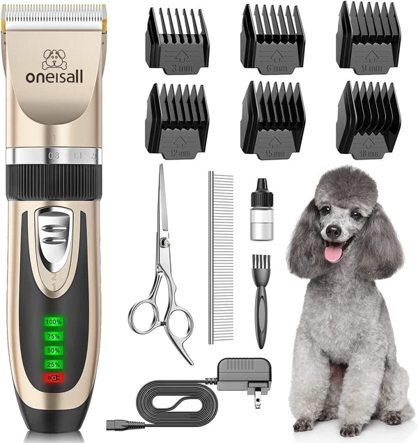 Oneisall Dog Grooming Clippers with LED Display for Dogs & Cats | Low Noise Quiet,2-Speed,Cordless Rechargeable,Fast Charge,Detachable,Waterproof,Battery Level Display, Model X2,Gold1