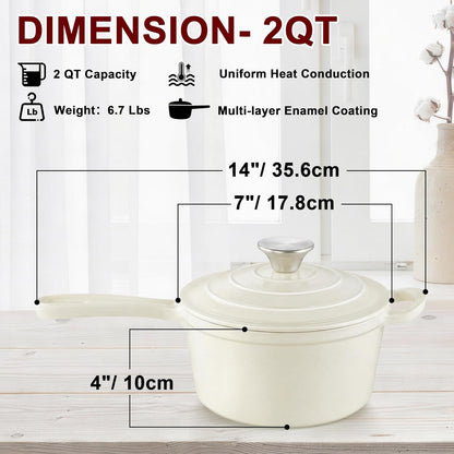 2Qt Enameled Cast Iron Sauce Pan,  Dutch Oven Pot with Lid, Non Stick Cooking Simmer Pots Induction Kitchen Cookware for All Cooktops Baking Bread, Soup, Ramen - up to 500°F, Cream White2