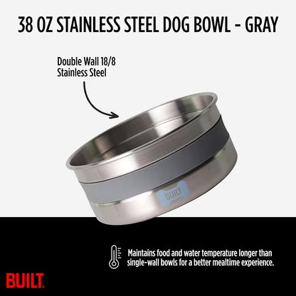 BUILT 38 Oz Dog Bowl - Non-Skid Pad & Soft Grip Ring - Double Wall Stainless Steel, Bpa-Free, Non-Porous & Rust-Resistant - Pet Food & Water Bowl for Dogs & Cats - Heavy Duty (Grey)2