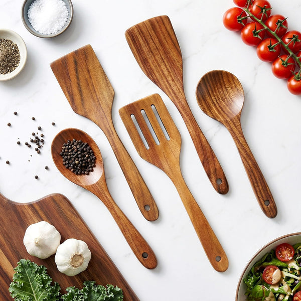 Wooden Spoons for Cooking Kitchen Utensil Set Non Toxic Acacia Wood Spatula | Wooden Utensils for Cooking Spatula Turner Slotted Serving Spoon Teak Cooking Utensils Kitchen Gadgets Bamboo Flat Spatulas4