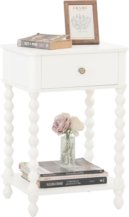White Nightstand, Small Side Table with Drawer for Living Room, Farmhouse End Bedside Table with Spindle Wood Legs for Bedroom, Office, White1