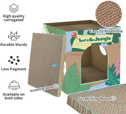 CHICHIPAWS Cardboard Cat Scratcher House with 2 Scratch Boards – Peekaboo Cave & Hideaway, Playhouse for Indoor Pets, Corrugated Scratching Cube for Kittens, Rest Box Bed with Catnip, Durable Fun3