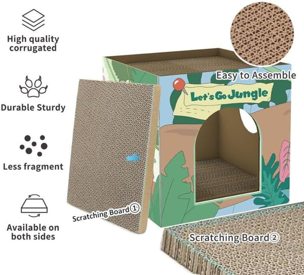 CHICHIPAWS Cardboard Cat Scratcher House with 2 Scratch Boards – Peekaboo Cave & Hideaway, Playhouse for Indoor Pets, Corrugated Scratching Cube for Kittens, Rest Box Bed with Catnip, Durable Fun3