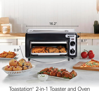 2-In-1 Countertop Toaster Oven & Long Slot 2 Slice Toaster | Versatile Toasting & Baking | Auto Shut off | Shade Selector & Temperature Control |Compact Retro Design | Black | 227258