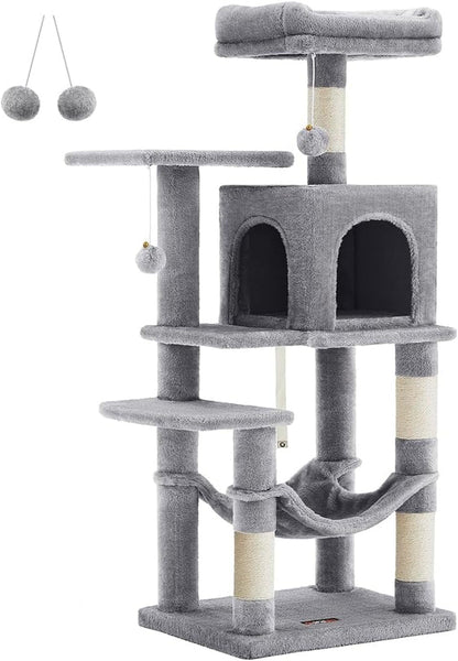 Feandrea Cat Tree, 59.5-Inch Tall Cat Tower, Plush Multi-Level Condo with 5 Scratching Posts, 2 Perches, 2 Caves, Hammock, 2 Pompoms, Light Gray UPCT192W0115