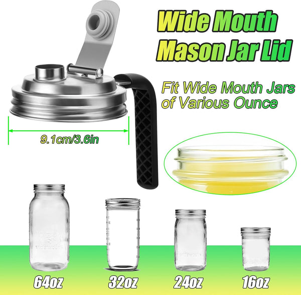 Mason Jar Pour Spout Lid Stainless Steel with Handle, Wide Mouth Pour Spout Flip Cap Lids for Mason Jars, Anticracking Leak Proof Seal Cover Airtight for Drinking Salad Dressing & Food Storing(2Pcs)2