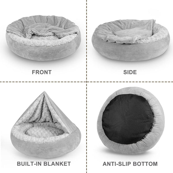 JOEJOY Small Dog Bed Cat Bed with Hooded Blanket, Cozy Cuddler Luxury Puppy Pet Bed, Donut round Calming Anti-Anxiety Dog Burrow Cave Bed - Anti-Slip Bottom and Machine Washable 23 Inch8