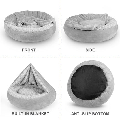 JOEJOY Small Dog Bed Cat Bed with Hooded Blanket, Cozy Cuddler Luxury Puppy Pet Bed, Donut round Calming Anti-Anxiety Dog Burrow Cave Bed - Anti-Slip Bottom and Machine Washable 23 Inch8