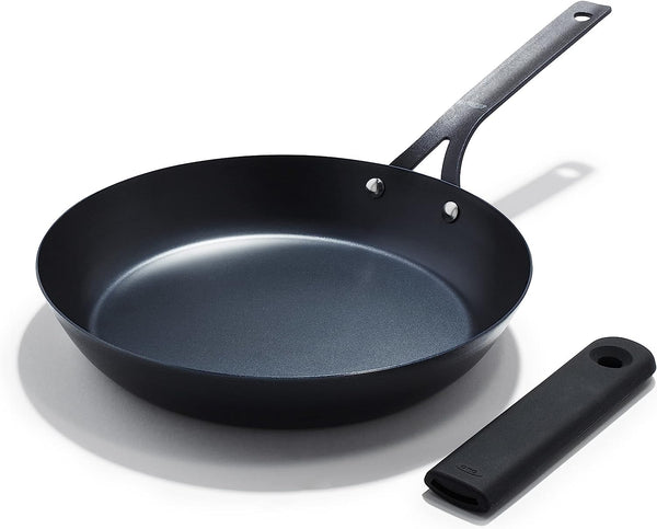 OXO Obsidian 10" Carbon Steel Frying Pan, Pre-Seasoned Skillet, Builds Natural Nonstick with Use, Induction Ready, Oven Safe, Removable Silicone Handle1