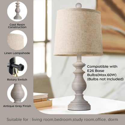 Traditional Table Lamp Set of 2, Rustic Farmhouse Table Lamps for Living Room Bedroom, 22" Bedside Desk Lamps Vintage Nightstand Lamps with Linen Shades, Antique Grey4