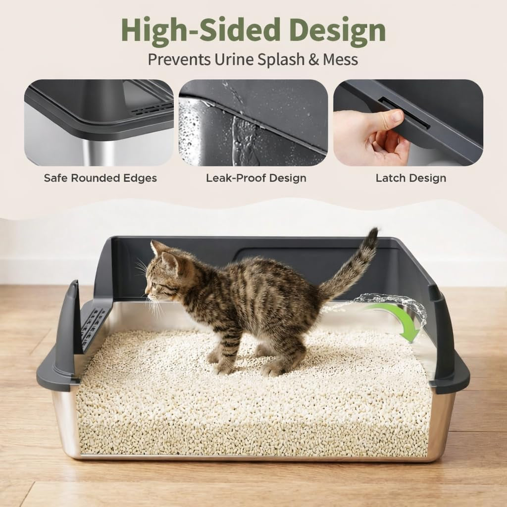 gimars-2-pack-xl-stainless-steel-cat-litter-box-for-big-senior-cats-multi-cat-metal-litter-pan-with-high-sides-odor-resistant-easy-clean-includes-litter-scoop-litter-mat-anti-slip-pads