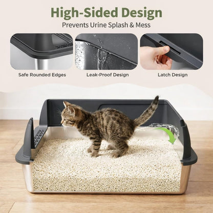 Gimars 2 Pack XL Stainless Steel Cat Litter Box for Big & Senior Cats, Multi-Cat Metal Litter Pan with High Sides, Odor-Resistant & Easy Clean, Includes Litter Scoop, Litter Mat & Anti-Slip Pads2