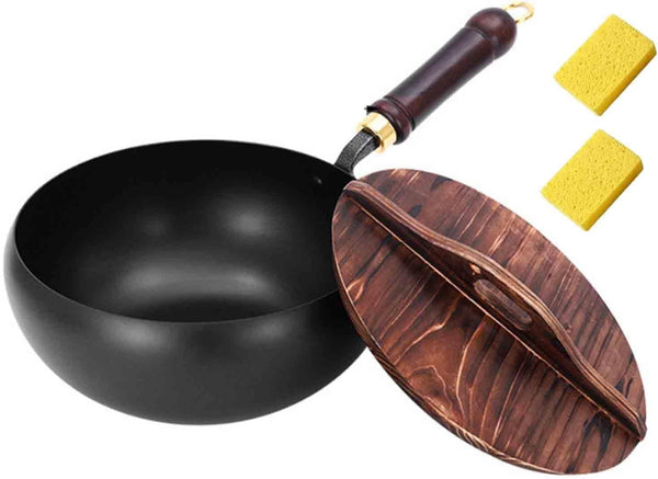 Japanese Hand-Forged Non-Stick Iron Pan without Coating Durable and Rust-Free, round Bottom Wok with Wooden Lid Lid for Cooker Gas Stir Fry Pans round Bottom (Type A,11Inch)1