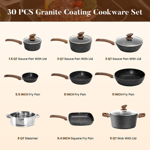 Induction Cookware & Bakeware Set, 30Pcs Pots and Pans Set | Nonstick Kitchen Cookware Sets, Granite Cooking Pan and Pot Set, All-Stovetop Compatible, Pfos/Pfoa-Free, Black7