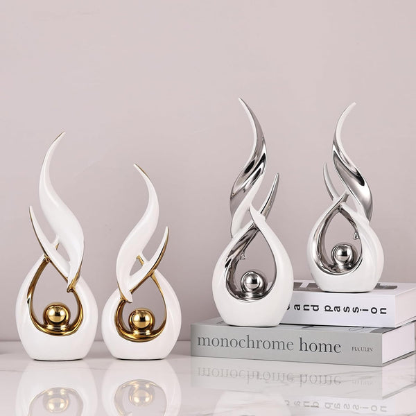 2 PCS White Silver Ceramic Statues for Home Decor Accents, Modern Abstract Art Sculptures, Elegant Tabletop Decorative Objects for Dining Room, Entryway, Tv Stand, Mantel, Coffee Table Centerpieces9