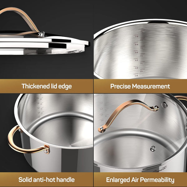 8 Quart Stock Pot, 3 Ply Whole Clad Stainless Steel Stock Pot, 8 QT Cooking Pot with Lid, Induction Pot for Cooking, 18/10 Stainless Steel Cookware Stockpots Oven, Gas and Dishwasher Safe6