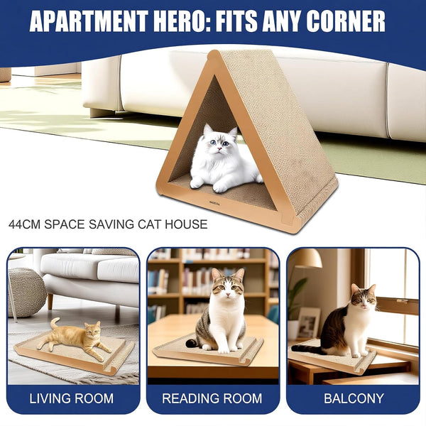 3 Pack Cardboard Cat Scratcher & Scratch Pad, Buildable Triangle Cat House W/ 6-Sided Use, Furniture Protection for Indoor Cats4