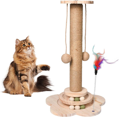 Cat Scratching Post, 50Cm Cat Scratcher Toy, Natural Woven Sisal and Wood Interactive Cat Toys with Lanyard Ball, Ball, Feather (Feather Color Is Random)1