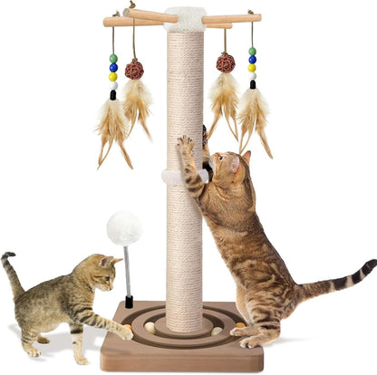 PAROTO Cat Scratching Post, Sisal Cat Tree Tower Scratcher for Indoor Cats Adults with Interactive Toys, Double Ball Track, 2 Mounting Methods, 25 Inches1