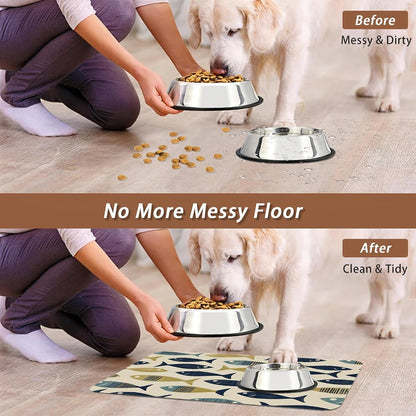 Fish Boho Dog Food Mat for Floors,Ocean Absorbent Quick-Dry Pet Feeding Mat,Cat Dog Bowl Mats for Food and Water,Non-Slip Pet Accessories Supplies 12"X20"5