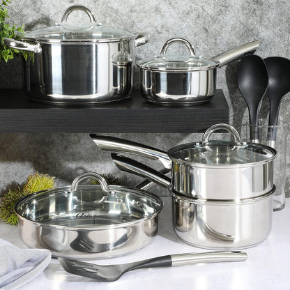 Oster Sangerfield 12-Piece Stainless Steel Cookware Set with Kitchen Tools, Non-Stick Pots and Pans, Durable Oven Safe Cookware for Home Cooking3