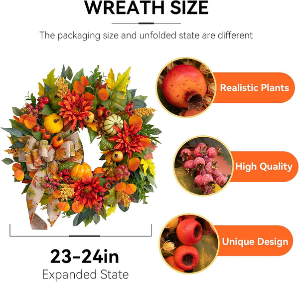 Fall Wreaths for Front Door 24 Inch Autumn Wreath Rustic Fall Decor | Autumn Wreath with Artificial Pomegranates, Sunflowers and Berries Fall Door Wreath for Outdoor or Indoor Use Autumn Wreaths2