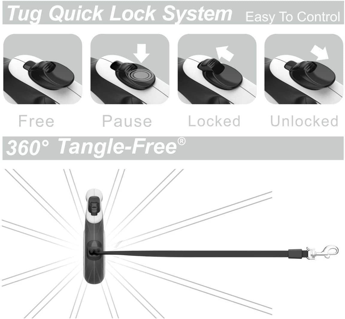 tug-360-tangle-free-retractable-dog-leash-16-ft-strong-nylon-tape-one-handed-brake-pause-lock-medium-white