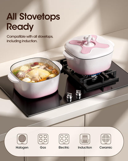 5 Qt Enameled Cast Iron Dutch Oven with Lid, Cream Pink White | 6-Layer Nonstick Enamel, Extra Capacity Oval Design, Heavy Self-Basting Lid, Heat-Resistant Silicone Pad Included8