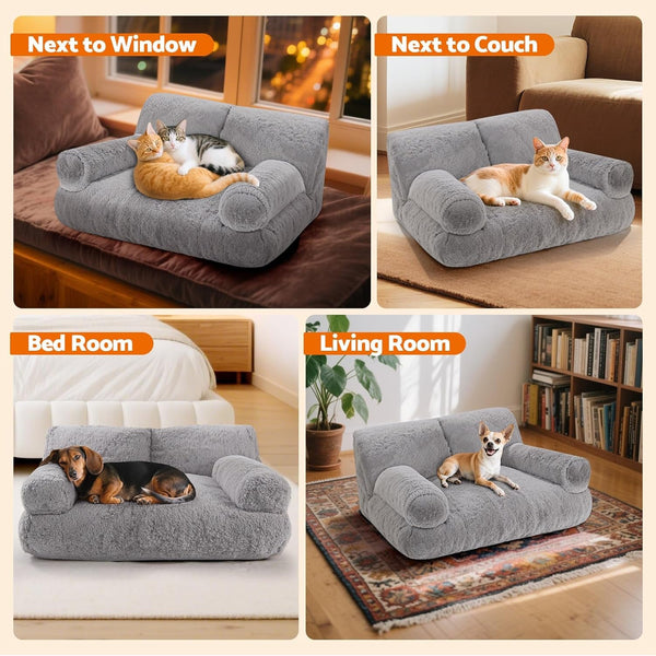 Gimars Upgrade Large Cat Bed for Indoor Cats -Added 10% More Stuff Sponge, Orthopedic Pet Couch Beds with Bolstered Edges, Fluffy Washable & Removable Cover, anti Slip Base, Grey | 10% More Stuff Sponge, Orthopedic Pet Couch with Bolstered Edges, Fluffy Washable & Removable Cover, anti Slip Base7