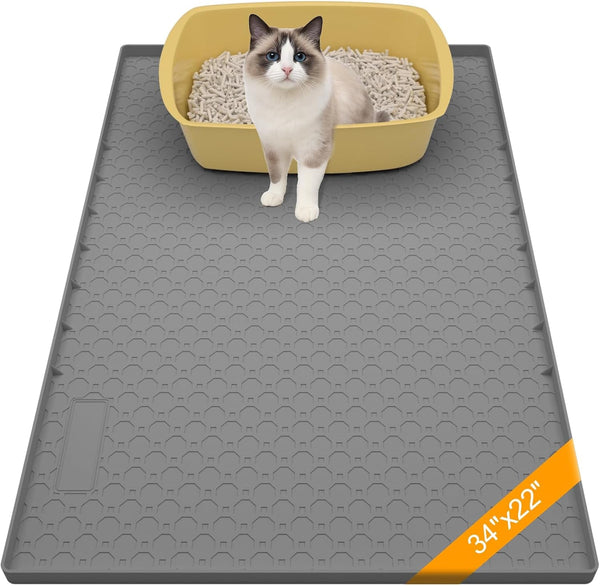 Silicone Large Cat Litter Mat 34" X 22", Cat Mat for Litter Box, Cats Litter Trapping Mat, Non-Slip and Waterproof, Raised Edges, Blue11