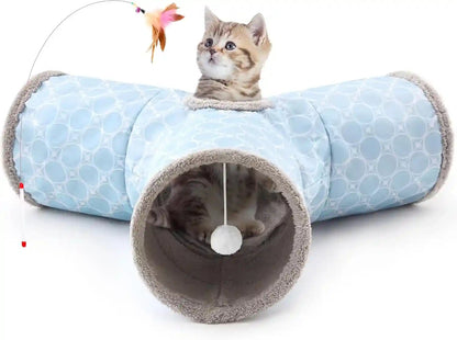 Tempcore Pet Cat Tunnel Tube Toys 3 Way Collapsible, Tunnels for Indoor Cats, Interactive Tube with Teaser Wand, Peek Holes & Hanging Ball, Black & Blue14