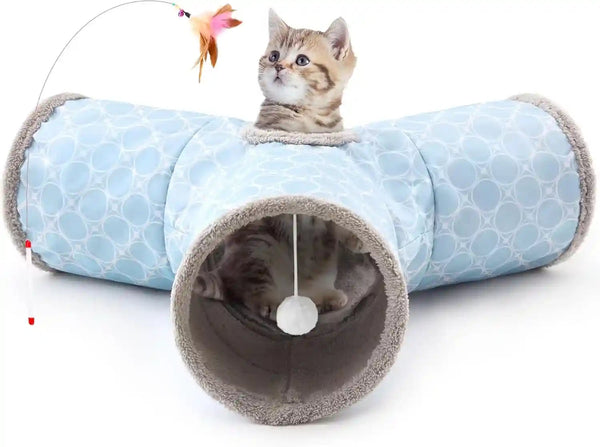 Tempcore Pet Cat Tunnel Tube Toys 3 Way Collapsible, Tunnels for Indoor Cats, Interactive Tube with Teaser Wand, Peek Holes & Hanging Ball, Black & Blue14