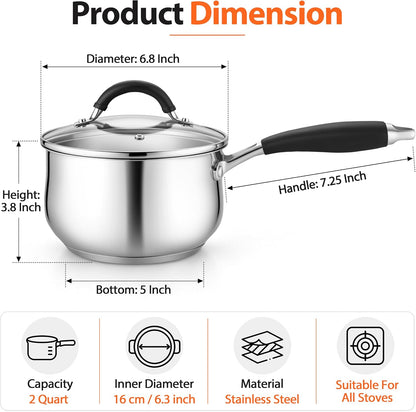 Sauce Pan, 2 Quart Stainless Steel Saucepan with Lid | Small Sauce Pot with Triply Base Fits Induction & Most Stoves, for Cooking Boiling Heating, Even Heat & Dishwasher Safe2