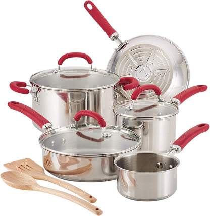 Create Delicious Stainless Steel Cookware Set, 10-Piece Pots and Pans Set, Stainless Steel with Red Handles1