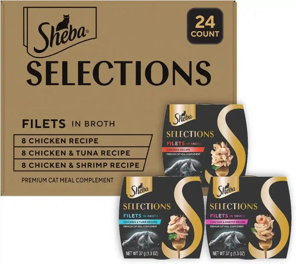 Sheba Selections Filets Wet Cat Food Complement, Variety, 1.3 Oz, 24 Ct | Grain-Free, Real Chicken #1 Ingredient, No Corn or Soy, No Artificial Flavors, Peel & Serve Topper or Treat, 1.3 Oz. Cups1
