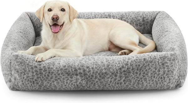 JOEJOY Dog Bed Medium Size Dog, Removable Washable Cover Orthopedic Soft Pet Bed, Anti-Slip Fluffy Plush Faux Rabbit Fur Puppy Bed, 30"X24"X8", Leopard Print, Grey9