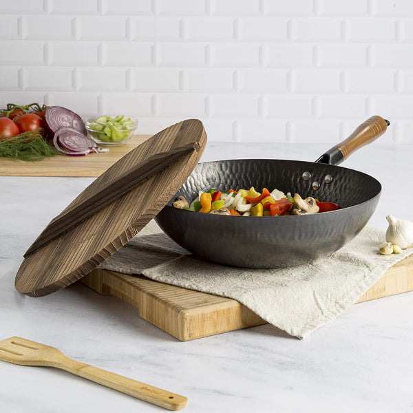 Hammered Carbon Steel 13-Inch Wok Pan with Lid, Black, Non-Stick, Compatible with Most Cooktops7